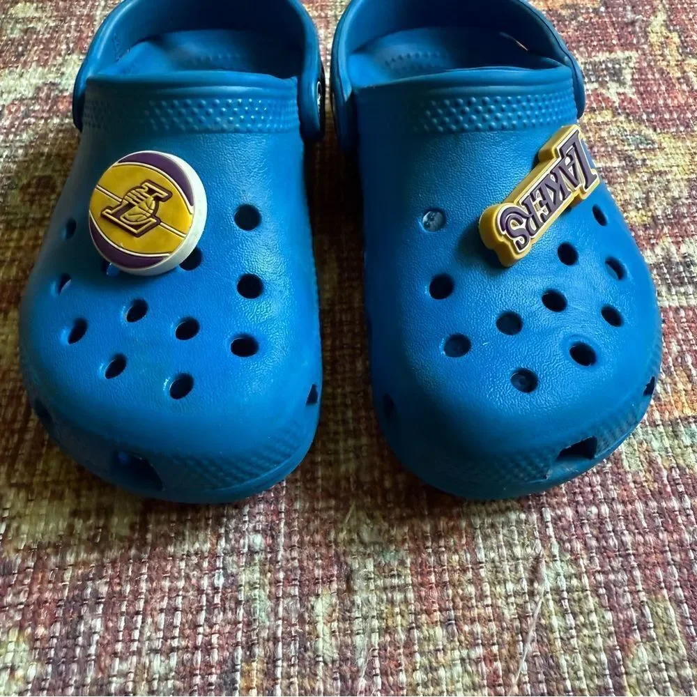 Blue Crocs size C10 with Lakers Charms
